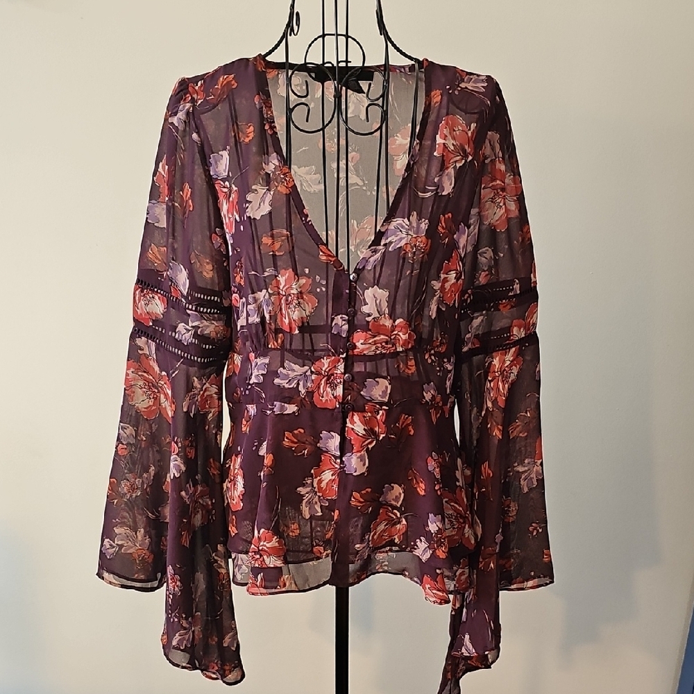 Forever 21 Plum Floral V-Neck Bell Sleeve Blouse